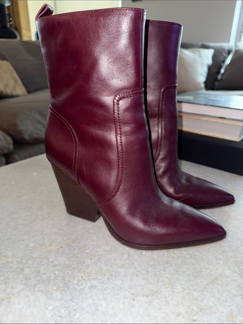 Veronica Beard Burgundy Pointed-Toe Leather Mid-Calf Boots